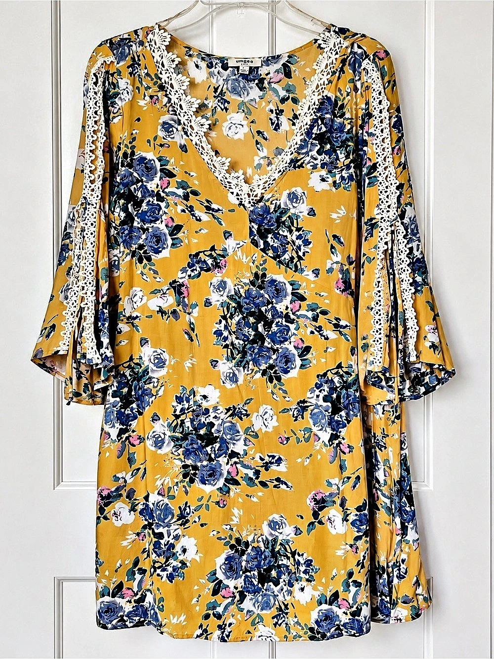 Umgee Mustard Yellow Blue Floral Dress Size L Lace Trim Boho Tunic
